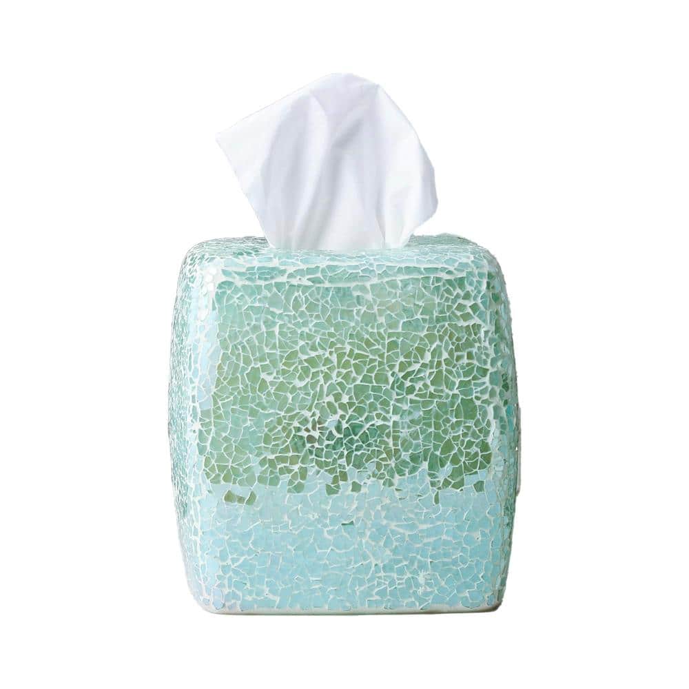 Unbranded Handcrafted Mosaic Glass Square Tissue Box Cover with Intricate Pattern and Non-Scratch Base in Turquoise (1)