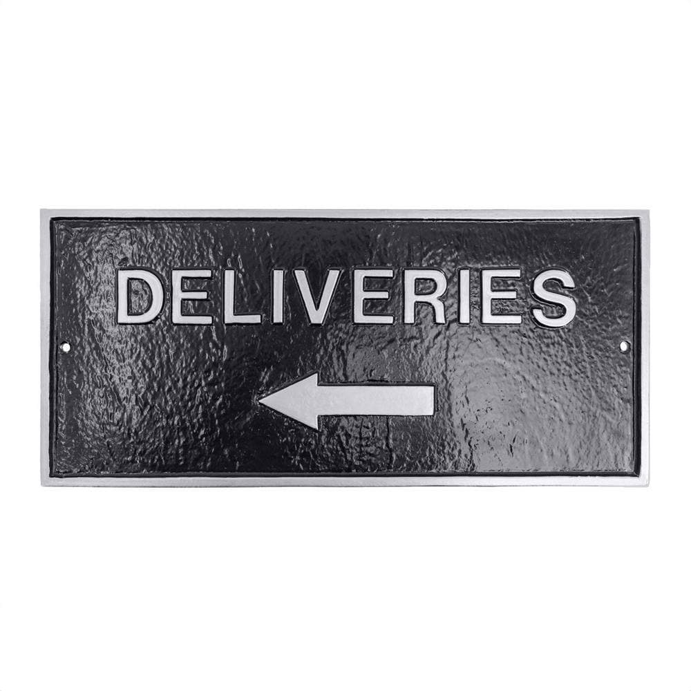 Montague Metal Products 7.25" x 15.25" Deliveries with Left Arrow Standard Rectangle Wall Statement Plaque - Black/Silver