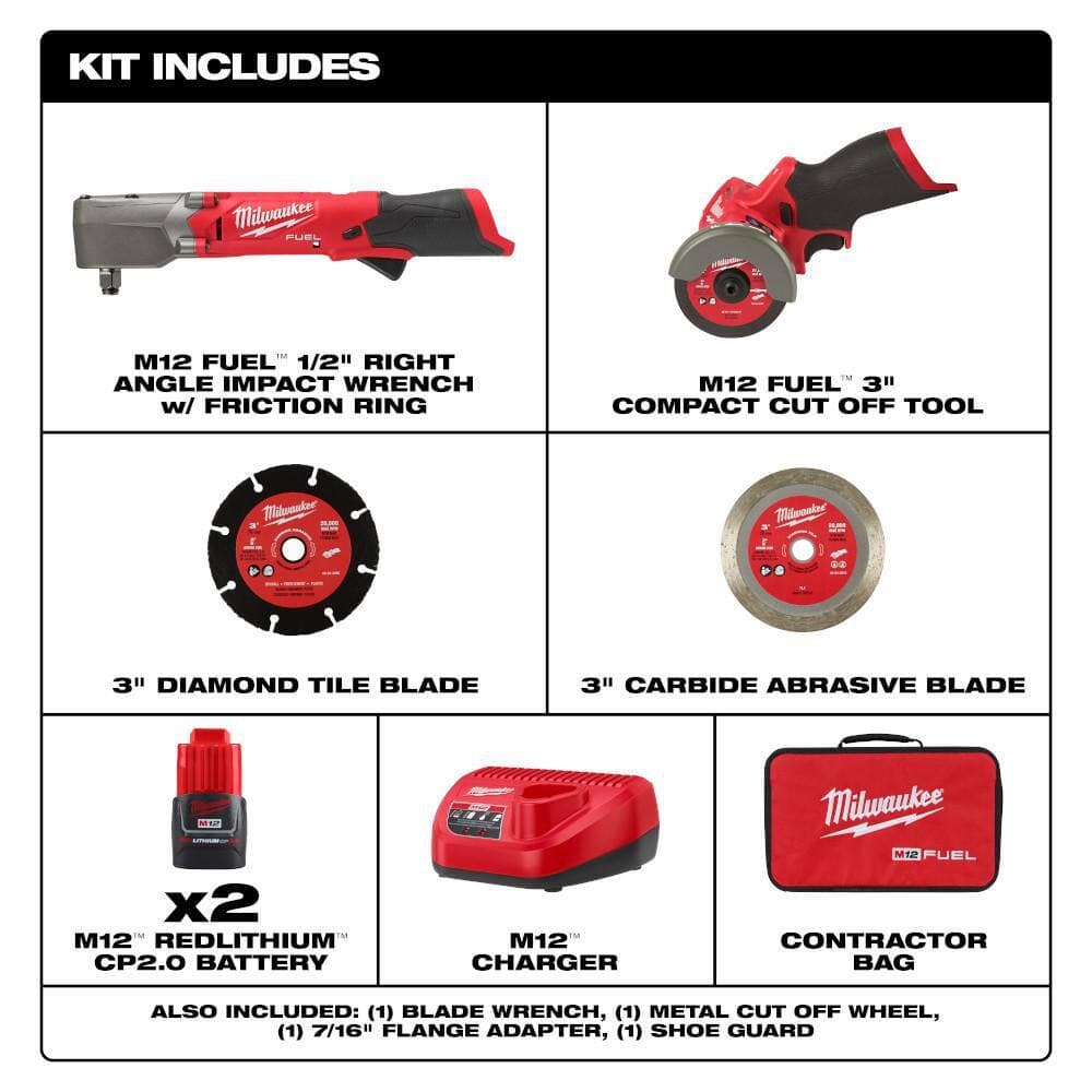 Milwaukee M12 FUEL 12V Lithium-Ion Brushless Cordless 1/2 in. Right Angle Impact Wrench Kit with Two 2.0Ah Batteries & Cut Off Saw (2)