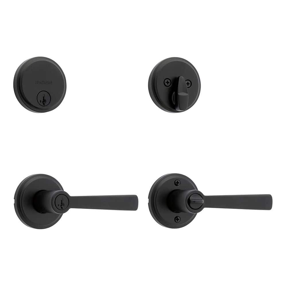 Kwikset Trafford Keyed Entry Handle and Single Cylinder Deadbolt Combo Pack featuring SmartKey Security in Matte Black