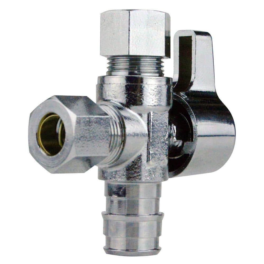 Apollo 1/2 in. Chrome-Plated Brass PEX-A Barb x 3/8 in. Compression Dual Outlet Quarter-Turn Straight Stop Valve (2)