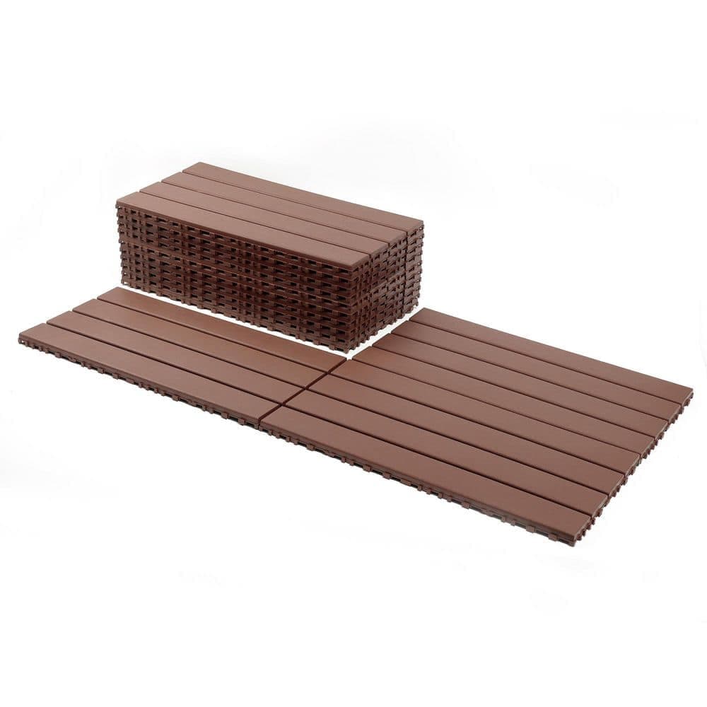 Unbranded 1 ft. x 2 ft. 24 Pieces of Plastic Red Brown Outdoor Terrace Deck Tiles, DIY Interlocking Decking Floor Tiles (2)