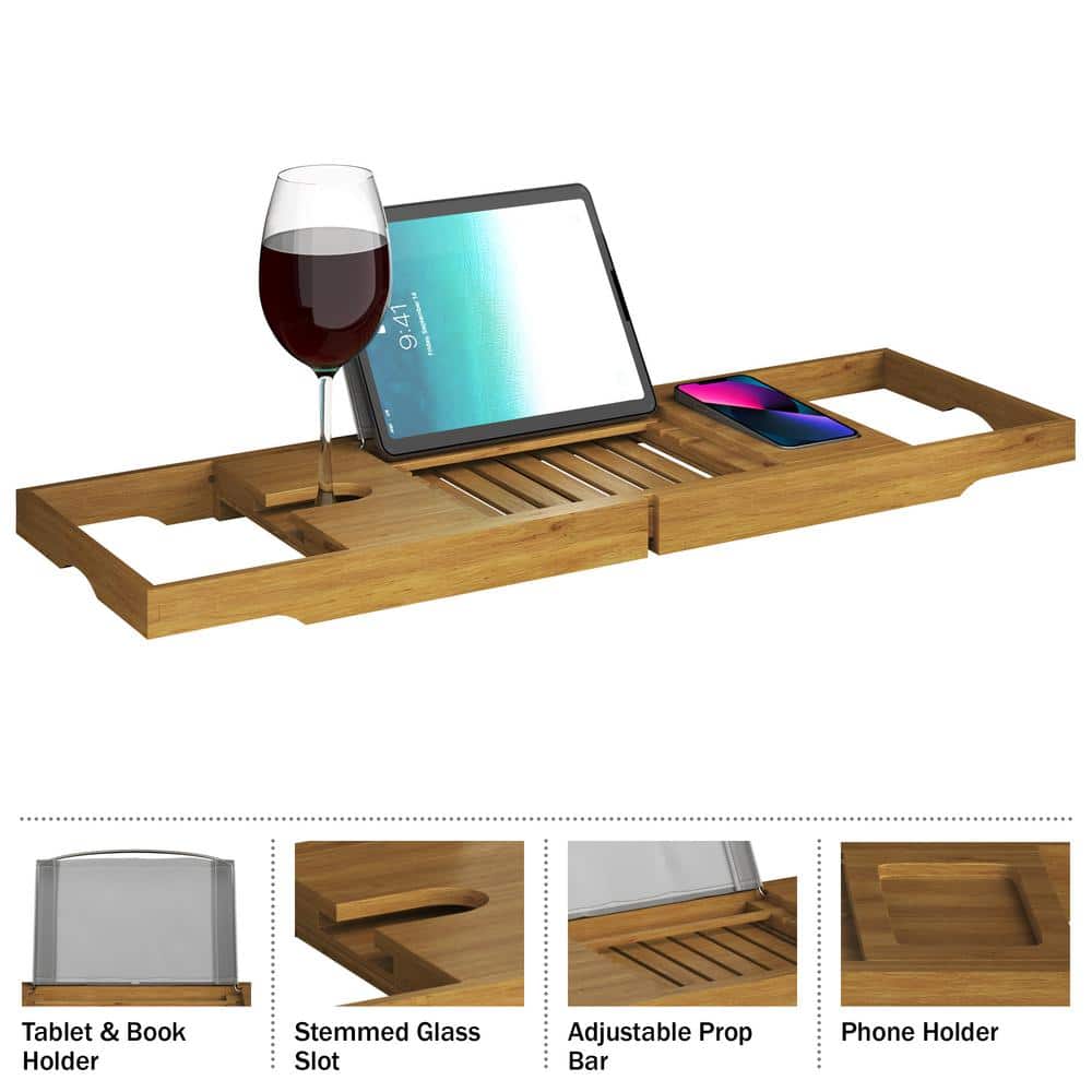 HOME-COMPLETE Acacia Bathtub Tray with Tablet Rest in Natural Wood (2)