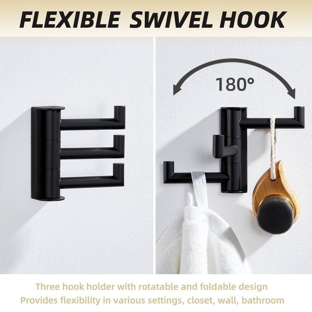Unbranded Hook Type Matte Black 304 Stainless Steel Swivel Folding Robe Hook Towel Hook 3 Arm Wall Mounted Coat Hanger Rack 11 lb. (2)