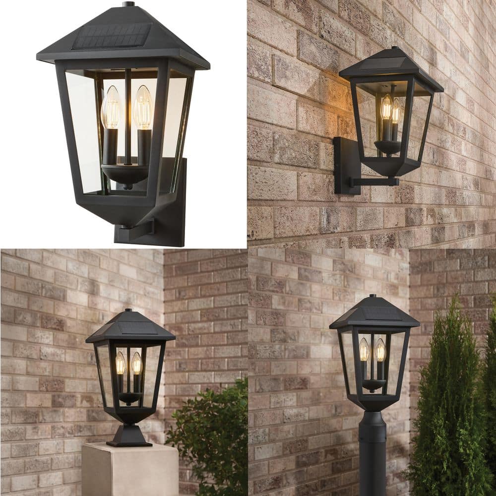 Hampton Bay Everlake 15 in. H Black Outdoor Solar LED Post Light with Wall Sconce and Pier Base Mount (3)