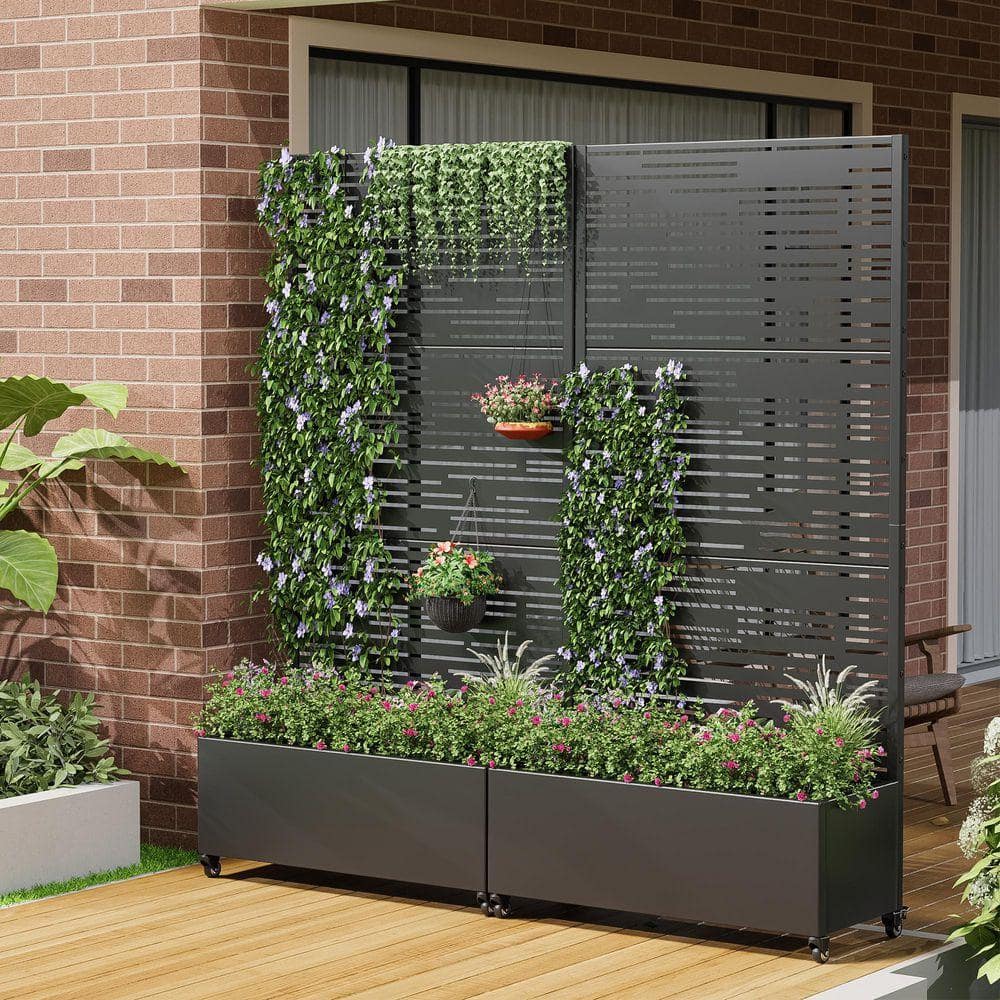 Unbranded 72 in. x 35 in. Black Outdoor Metal Privacy Screen Raised Planter Box Wall Decor (3)