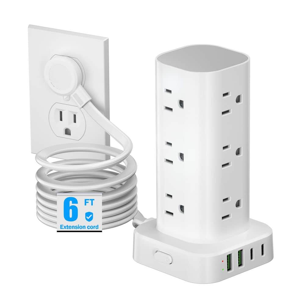 Unbranded 6 ft. 12-Outlet Surge Protector Tower with 2 USB-A Ports 2 USB-C Ports Flat Plug Overload Protection White