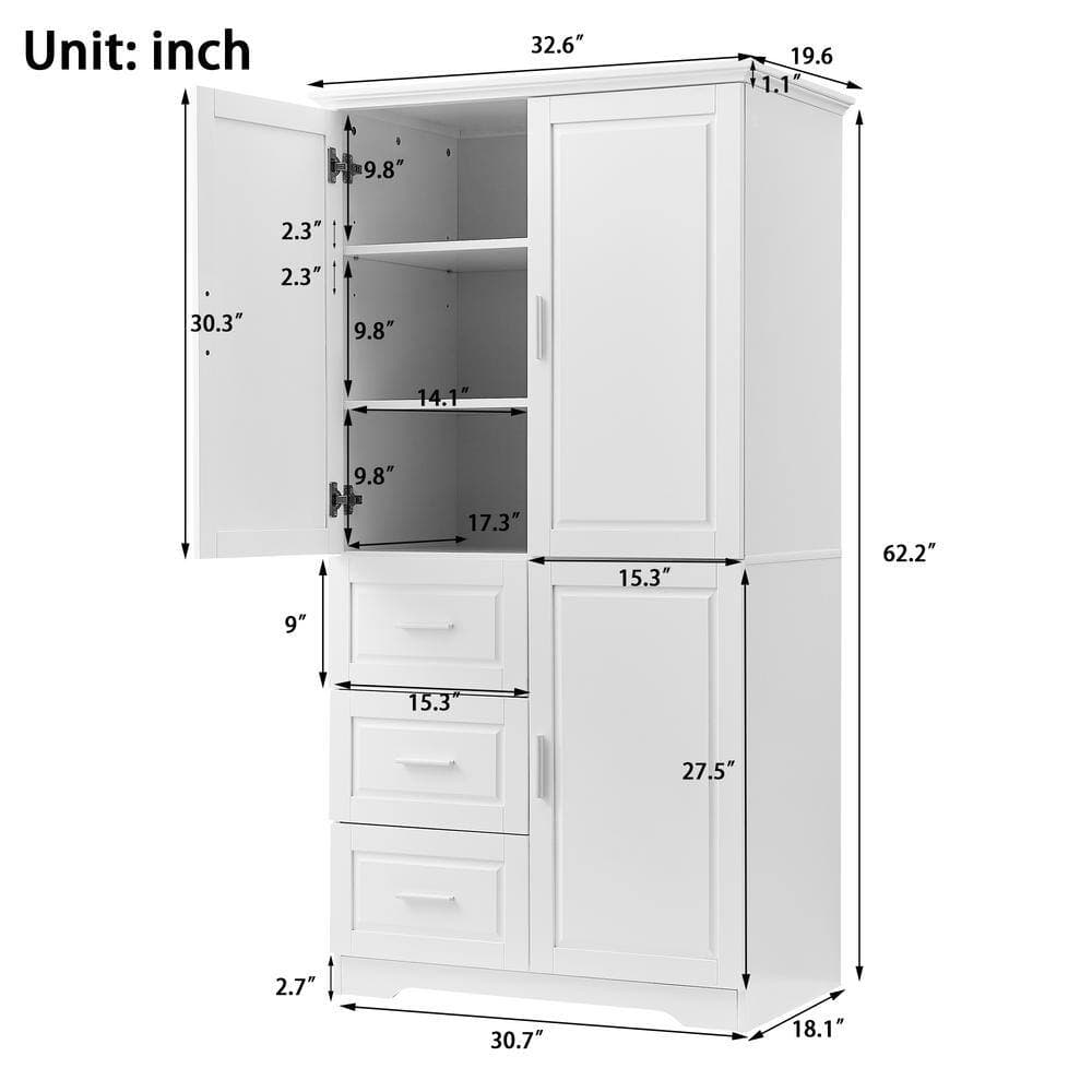 Unbranded Modern 32.6 in. W 19.6 in. D 62.2 in. H Linen Cabinet Tall and Wide Floor Storage with Doors (3)