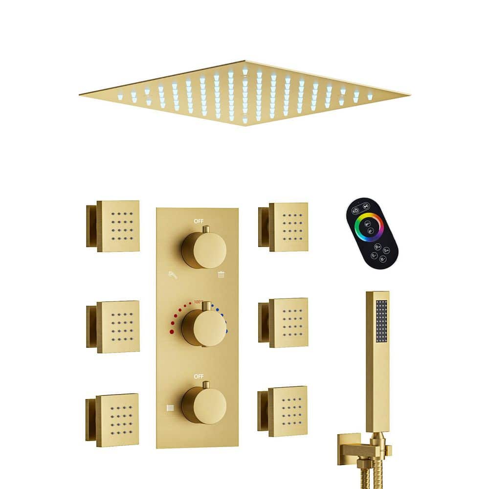 YAWWALK Thermostatic 3-Handle 5-Spray Shower Faucet 2.5GPM with LED Lighting and Body Spray (Valve Included)