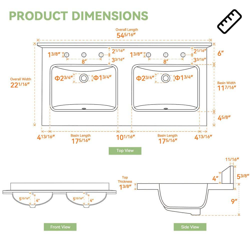 Getpro 54 in. W x 22 in. D Engineered Stone White Rectangular Double Sink Vanity Top in Carrara White with 4 in. Backsplash (2)