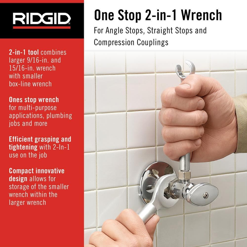 RIDGID One Stop Wrench for Angle Stops, Straight Stops, and Compression Couplings, 2-in-1 Plumbing Wrench for Common Nut Sizes (2)