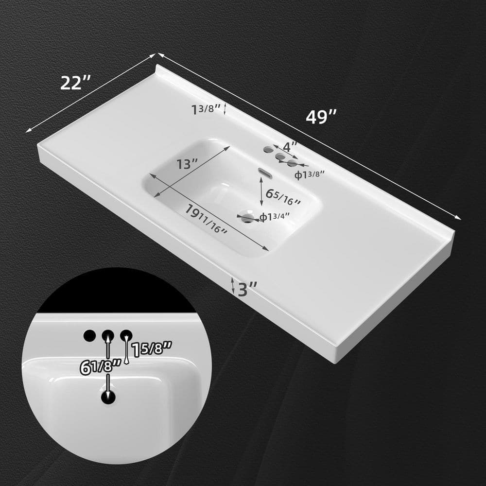 Zeafive 49 in. W 22 in. D Solid Surface Rectangular Single Sink Bath Vanity Top with Backsplash and Basin Countertop (2)