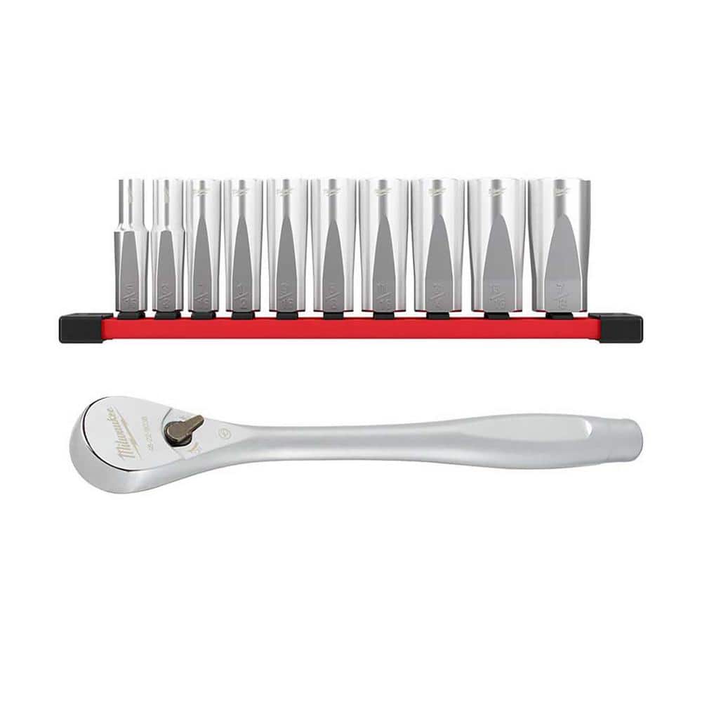 Milwaukee 3/8 in. Drive SAE Deep Well 6-Point Socket Set and 3/8 in. Drive Ratchet (11-Piece)