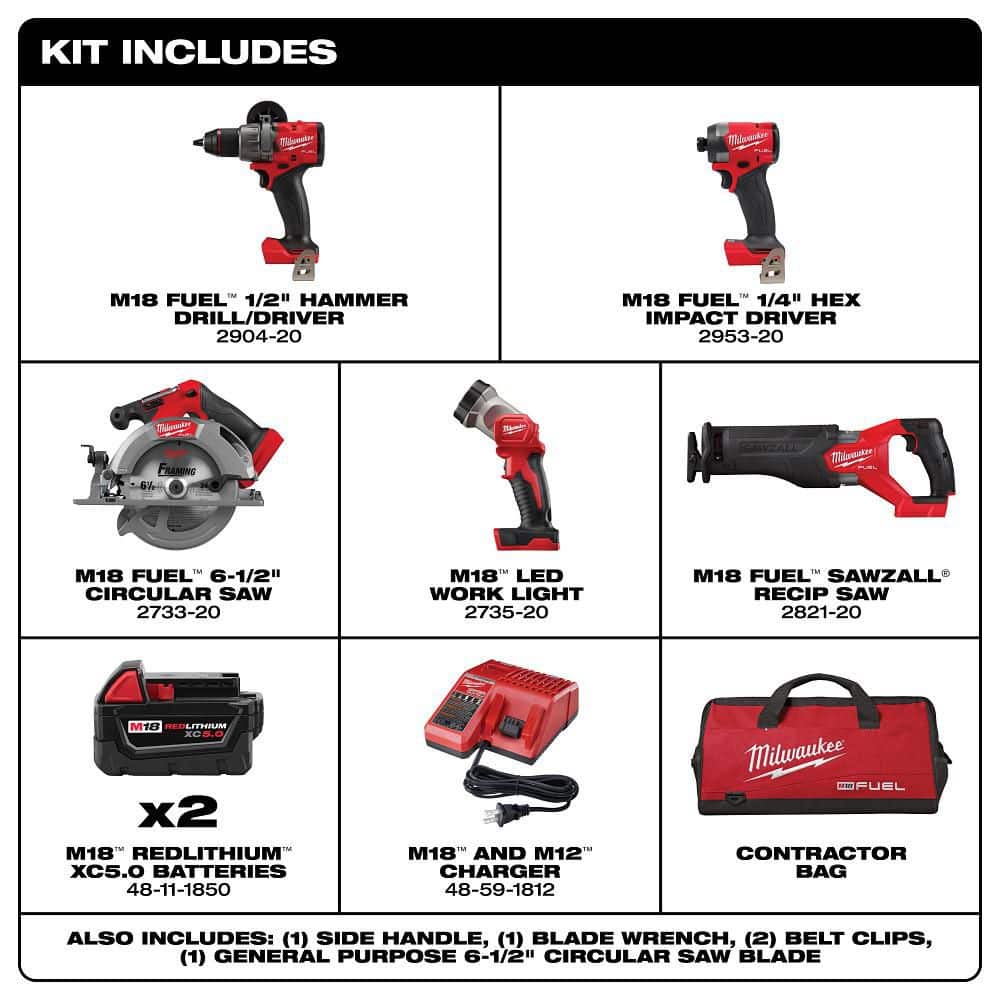 Milwaukee M18 FUEL 18V Lithium-Ion Brushless Cordless Combo Kit (5-Tool) with Two 5.0 Ah Batteries, 1 Charger 1 Tool Bag (3)