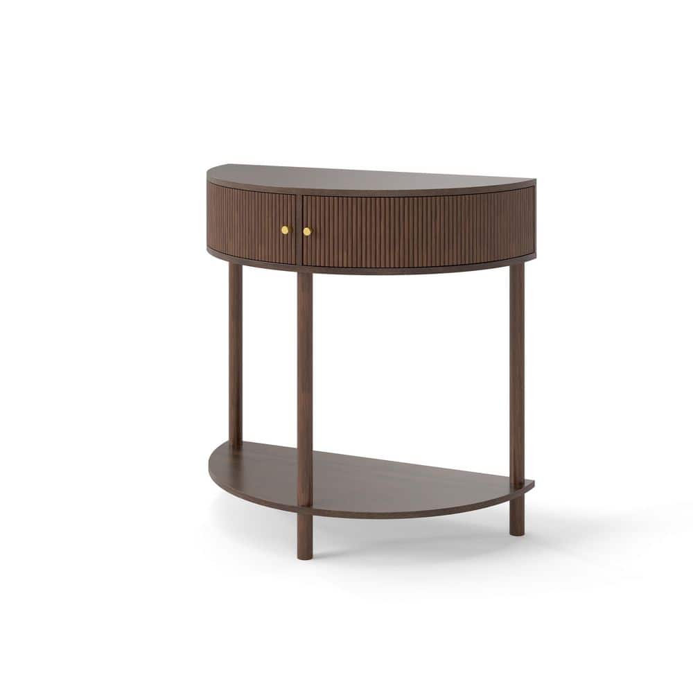 Lycvki 31.50 in. W 32.30 in. H x 15.75 in. D Wood Half Round Shelf in Brown with 2 Storage Drawers and Bottom Shelf (1)