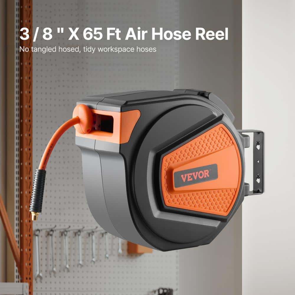 VEVOR Retractable Air Hose Reel, 3/8 in. x 65 ft. Hybrid Air Hose Max 300PSI, Air Compressor Hose Reel Auto-Rewind wih 6. 6ft. (2)