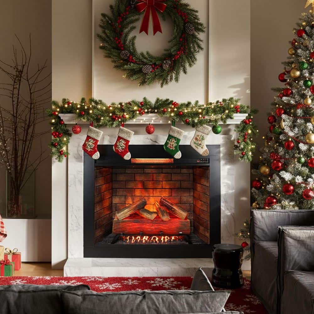 Mondawe 33 in. 5000BTU Infrared Electric Fireplace Insert with Fire Cracking Sound & Removable Trim Kit in Black (1)