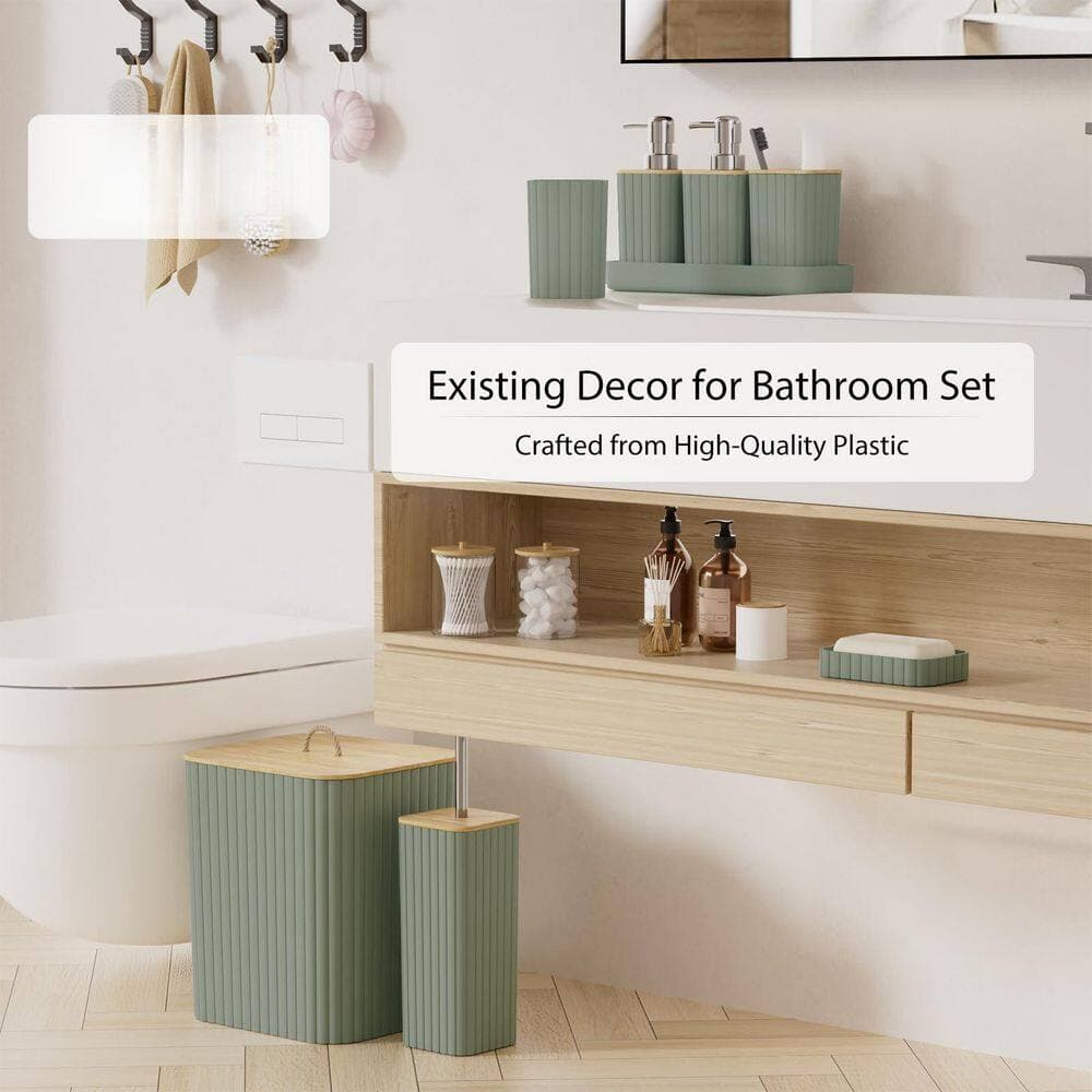 Wudkey 10-Piece Bathroom Accessory Set with Toilet Brush Trash Can Soap Dispenser in Sage Green for Vanity Countertop Restroom (3)