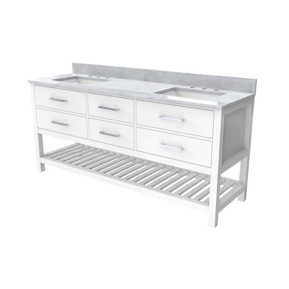 DreamLine Valencia 72 in. W x 22 in. D x 34 in . Oak Console Vanity with Rectangular Undermount Sinks - White Carrera Marble Top (3)