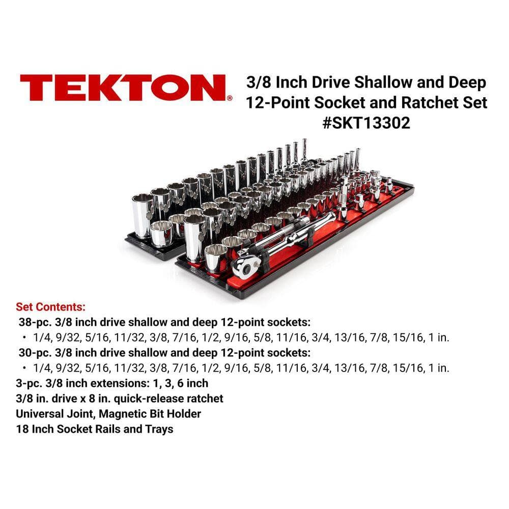 TEKTON 3/8 in. Drive 12-Point Socket and Ratchet Set with Rails (1/4 in.-1 in., 6 mm-24 mm) (74-Piece) (2)