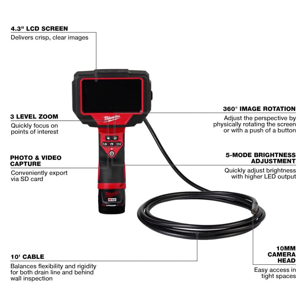 Milwaukee M12 12-Volt Lithium-Ion Cordless M-SPECTOR 360-Degree 10 ft. Inspection Camera Kit w/M12 750 Lumen TRUEVIEW Spotlight (3)