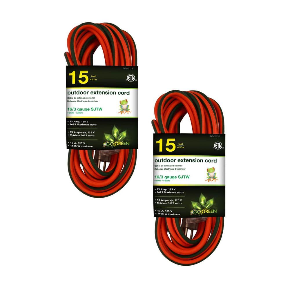GoGreen Power (G-13715-2) 15 ft. 16/3 Indoor Heavy Duty Extension Cord, Orange, 2 PACK (1)