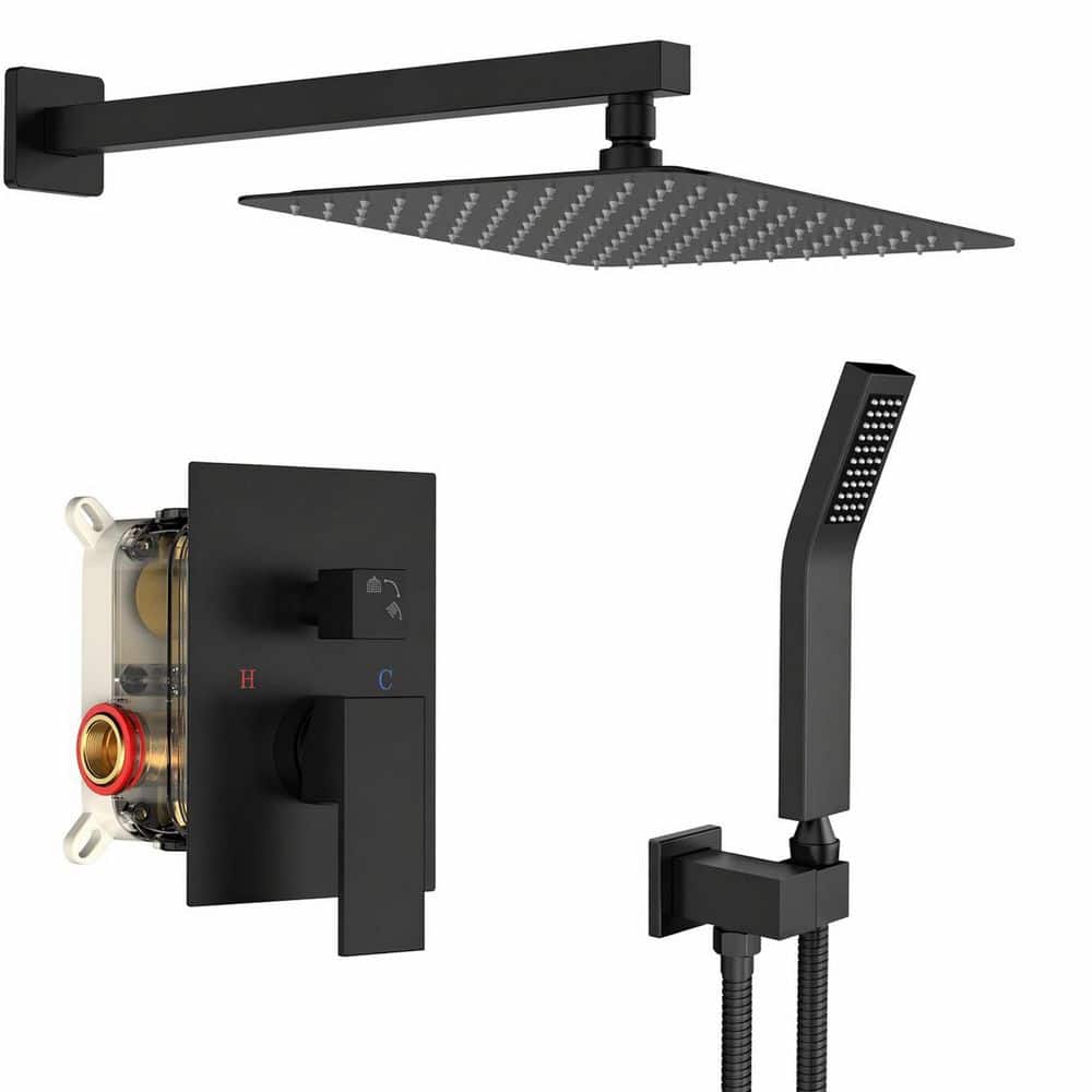 LAIFUCAM 1-Piece Shower Faucet Set with Rainfall Shower Head, Handle, Valve, Wall Mount in Black Finish (1)