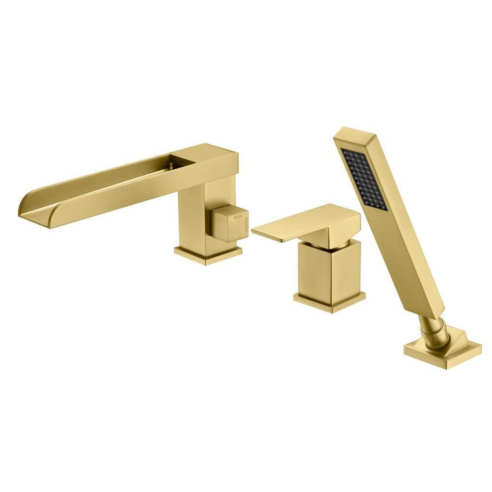 SUMERAIN Waterfall Single Handle Tub Deck Mount Roman Tub Faucet with Hand Shower in Brushed Gold (1)