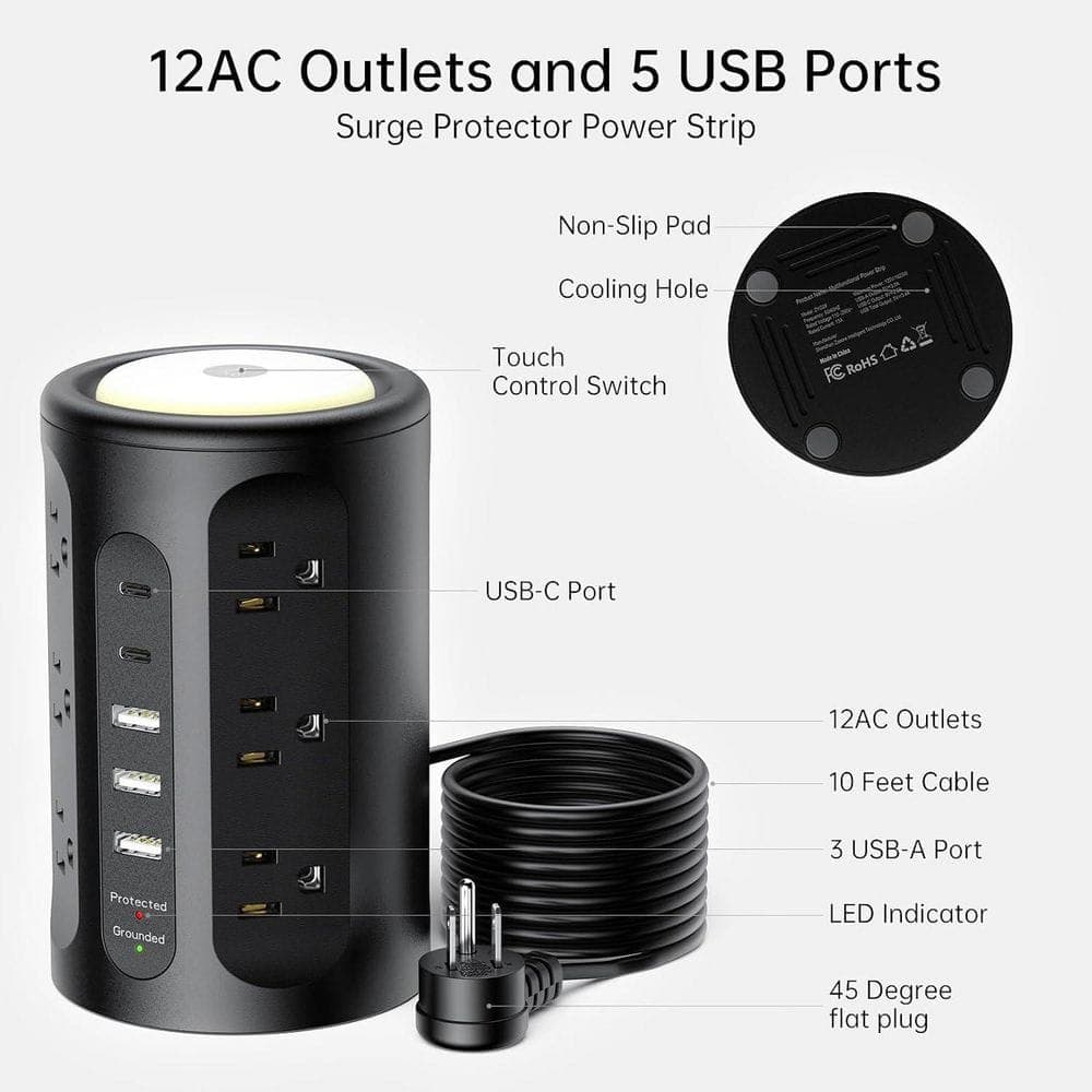 Lukyamzn 12-Outlet Power Strip Tower Surge Protector w/ 10 ft. Extension Cord,3-USB-A and 2-USB-C Ports for Office and Home,Black (2)