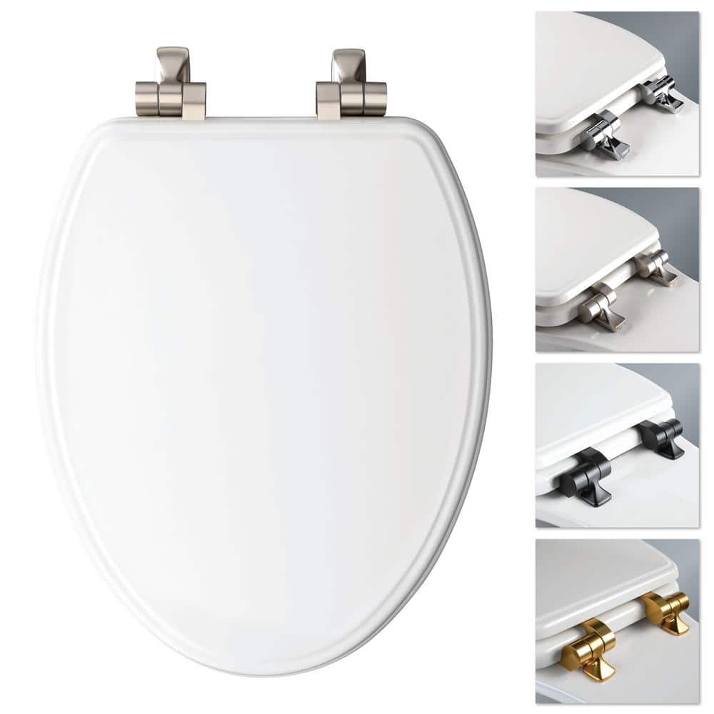 BEMIS Weston Elongated Soft Close Enameled Wood Never Loosens Brushed Nickel Metal Hinge Toilet Seat in White (3)