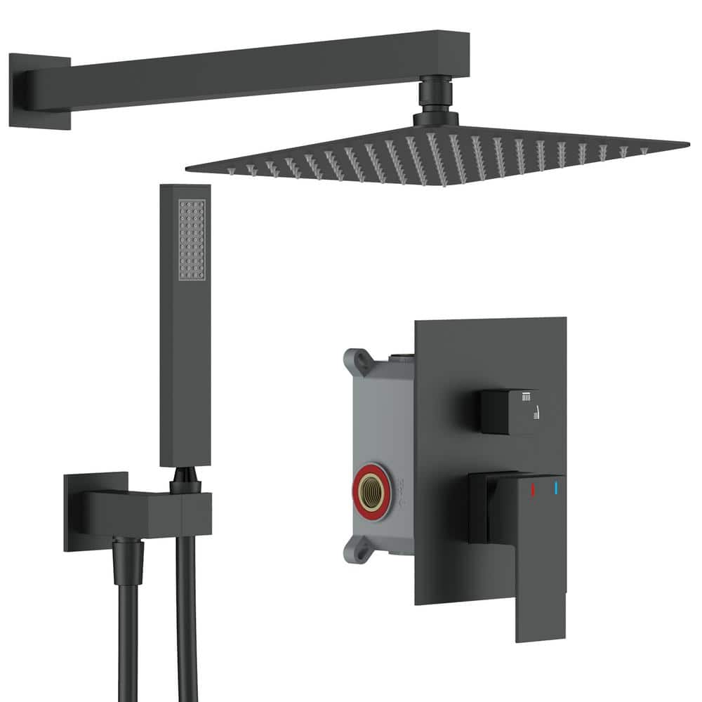 GIVING TREE Single-Handle 2-Spray Square High Pressure 12 in. Shower Head with Hand Shower Faucet in Matte Black (Valve Included)