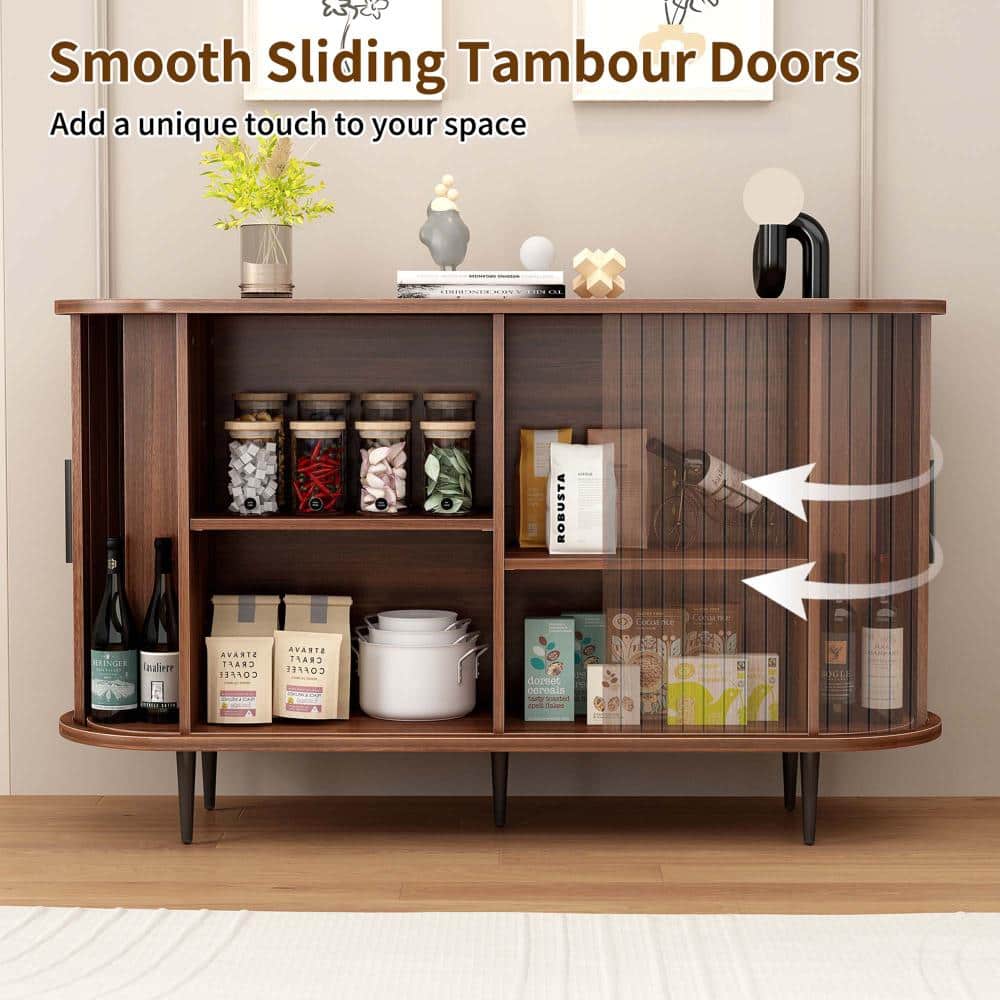 XUJMK 47 in W x 16 in D x 30 in H Linen Cabinet, Buffet Sideboard Cabinet in Walnut with Curvy Edge, Credenza, Console Table (3)