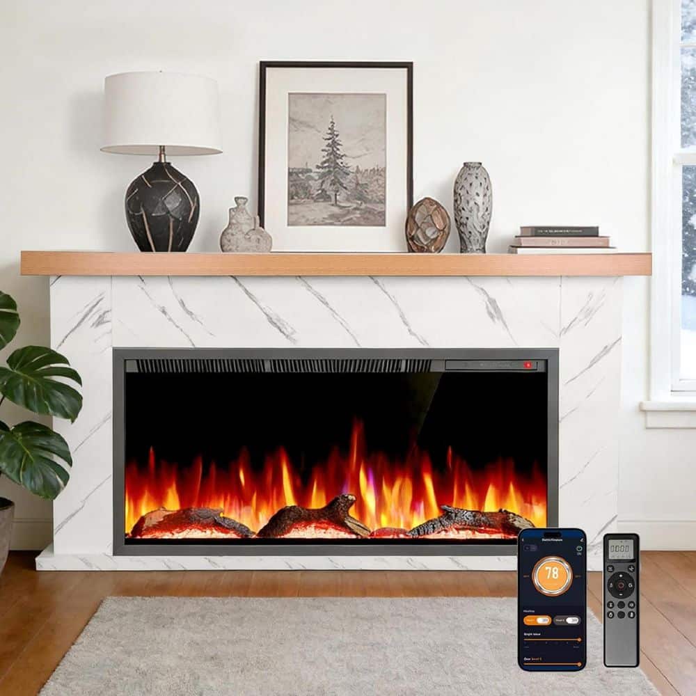 R.W.FLAME 63 in. Smart Freestanding Electric Fireplace, 12 LED Flame Effects in Light Oak