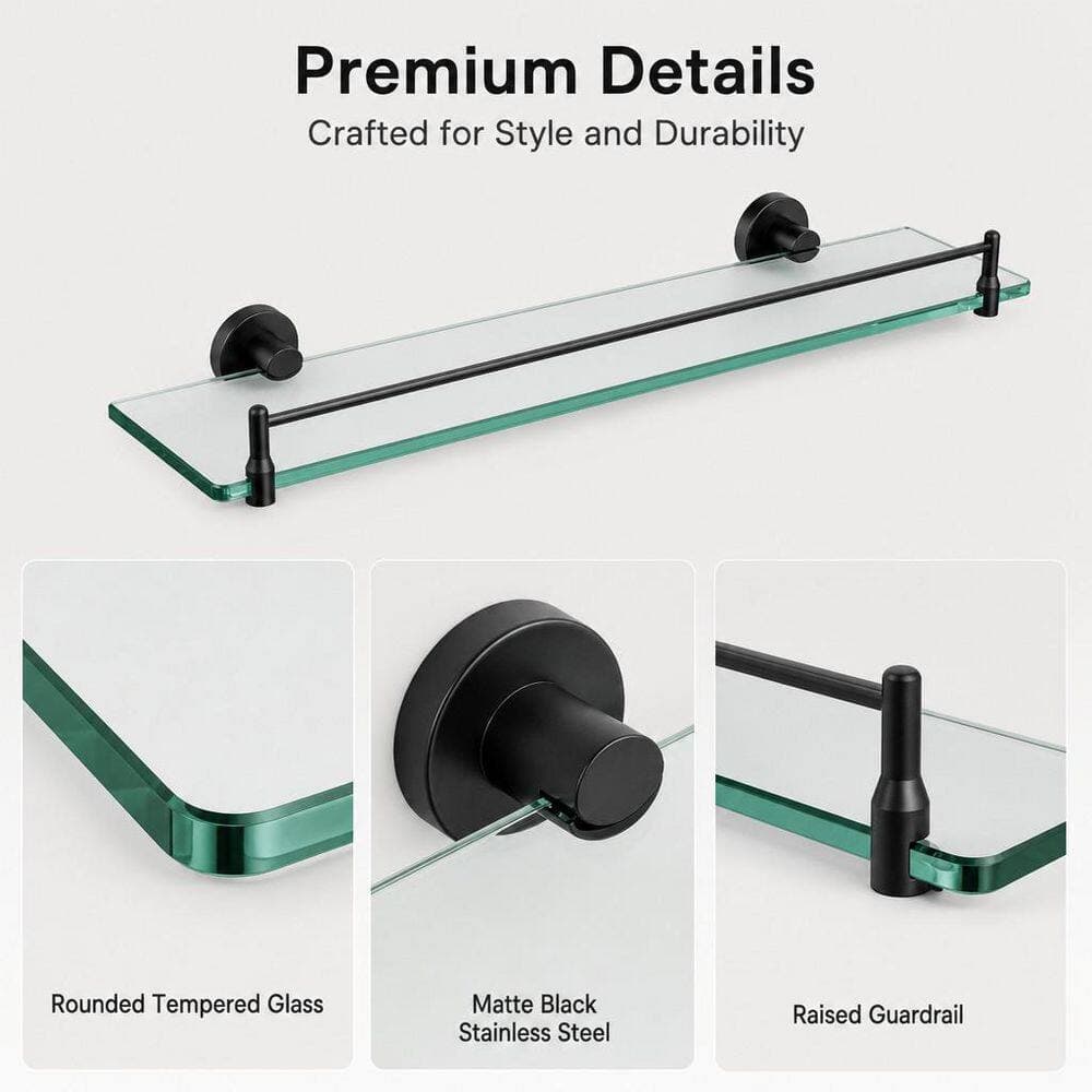 Wudkey Bathroom Wall Mount Floating 20 in. W x 0.3 in. H x 8 in. D Tempered Glass Rectangular Shelf in Matte Black (3)