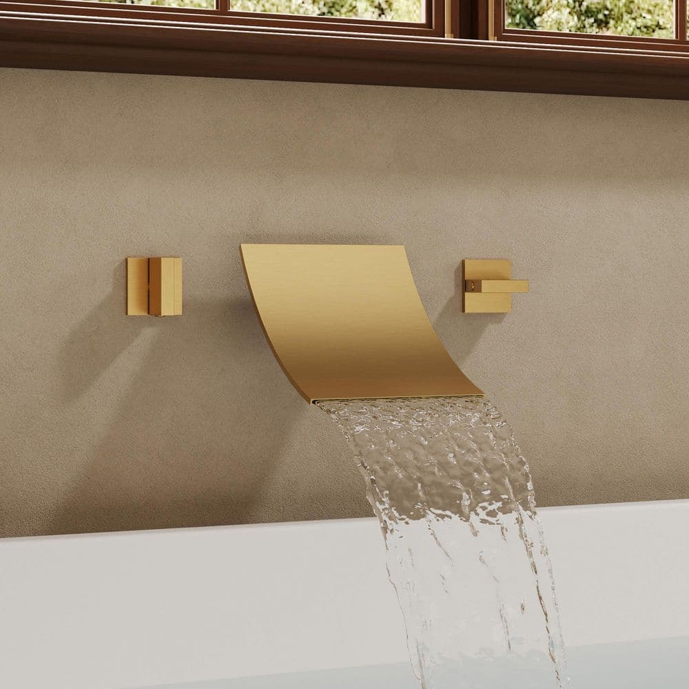 GRANDJOY Wide Waterfall Double Handle 6 in. Wall-Mounted 1-Spray Tub and Shower Faucet 6.6 GPM in. Brushed Gold Valve Included (1)