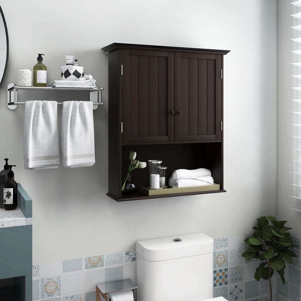 ANGELES HOME 23.5 in. W x 8 in. D x 28 in. H 2-Door Bathroom Storage Wall Cabinet in Espresso with Open Shelf (2)
