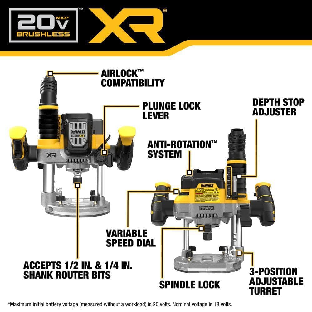 DEWALT 20V MAX XR 2-1/4 Peak HP Brushless Cordless Plunge Router (Tool Only) (2)