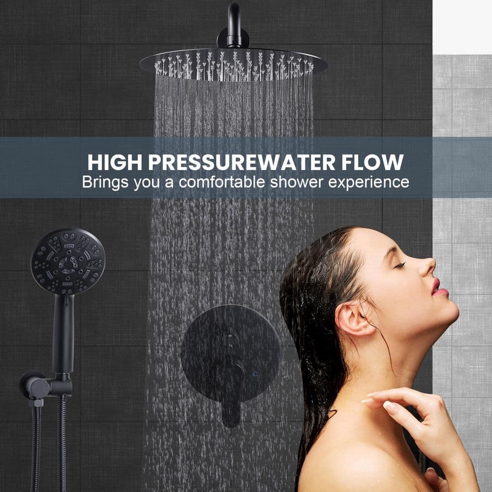 WOWOW 9-Spray Patterns with 1.8 GPM 12 in. Wall Mount Rain Fixed Shower Heads in 12 in., Matte Black (3)