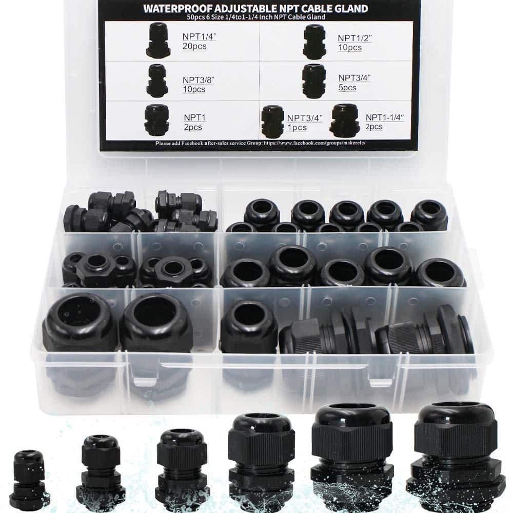 BIBIVIS 1/4, 3/8, 1/, 3/, 1-1/4 in. Nylon Cord Grips Assortment, 50-Pack Cable Hood w/ Gaskets, IP68 Waterproof Black (1)