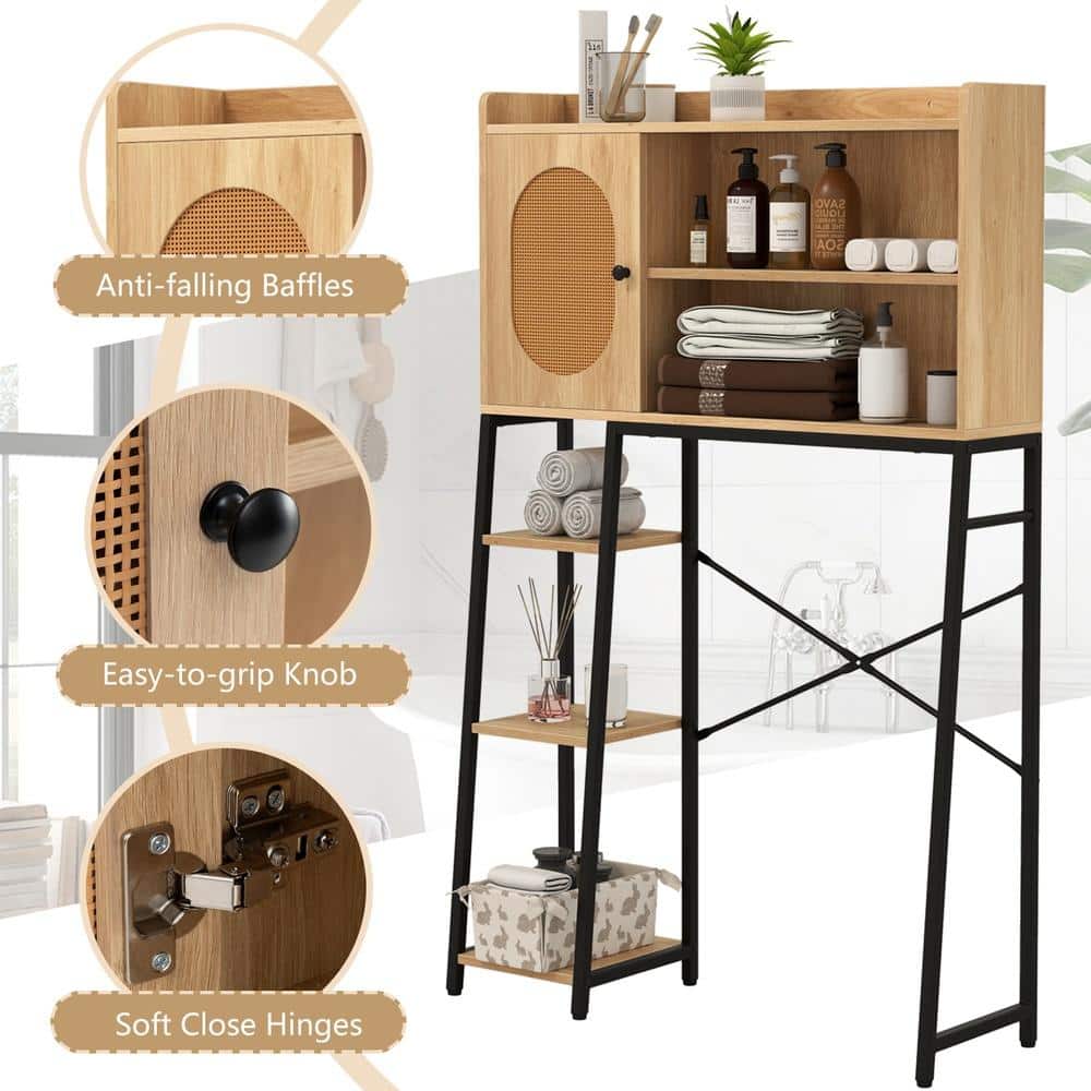 HONGGE Over-the-Toilet Storage Cabinet with PE Rattan Door 3-Level Adjustable Shelf Metal Frame X-Brace (3)
