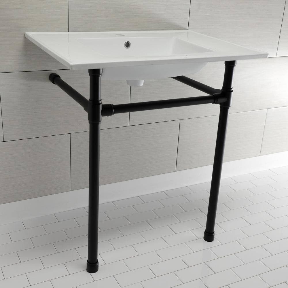 Kingston Brass Dreyfuss Ceramic White Console Sink Basin and Leg Combo in Matte Black (2)