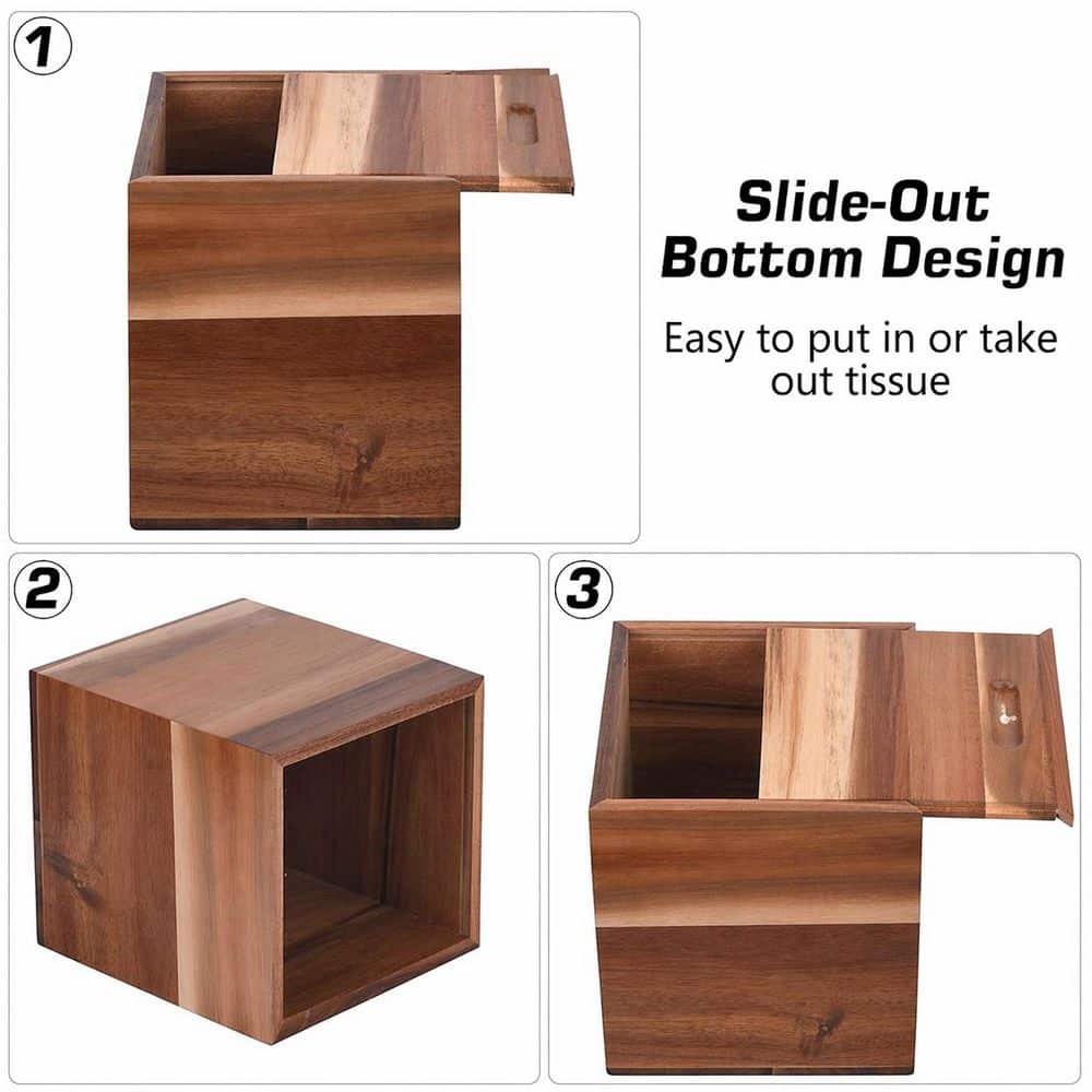 KHKFY Square Acacia Wood Tissue Box Cover with Slide Out Bottom 5.5 x 5.5 x 6.3 in. for Bathroom Kitchen Office (3)