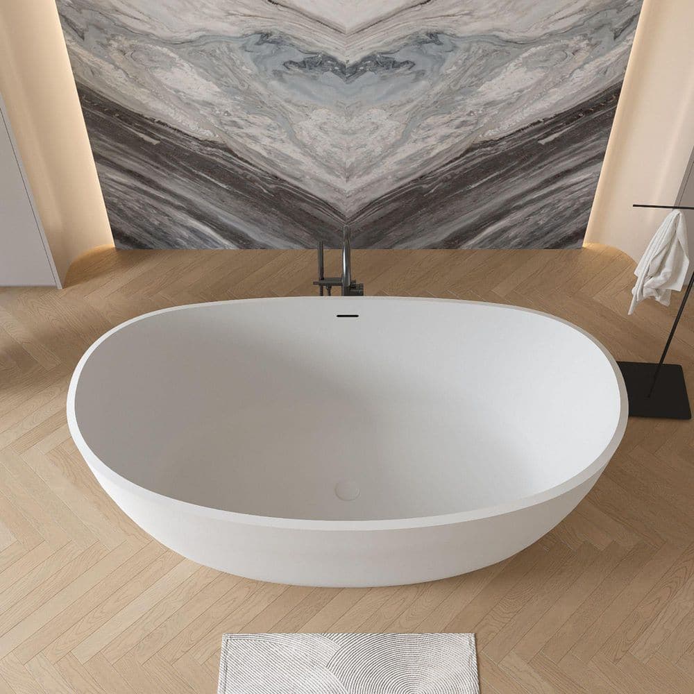 Xspracer Moray 61 in. x 31.5 in. Solid Surface Stone Resin Flatbottom Freestanding Bathtub Soaking Bathtub in Matte White (2)