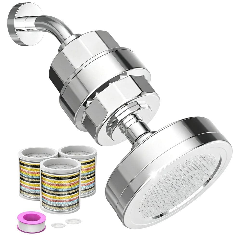 Wudkey 1 -Piece Filtered Shower Head Included 3 Replaceable Filter Cartridges in Silver, 20+3 Stage Shower Filter Head