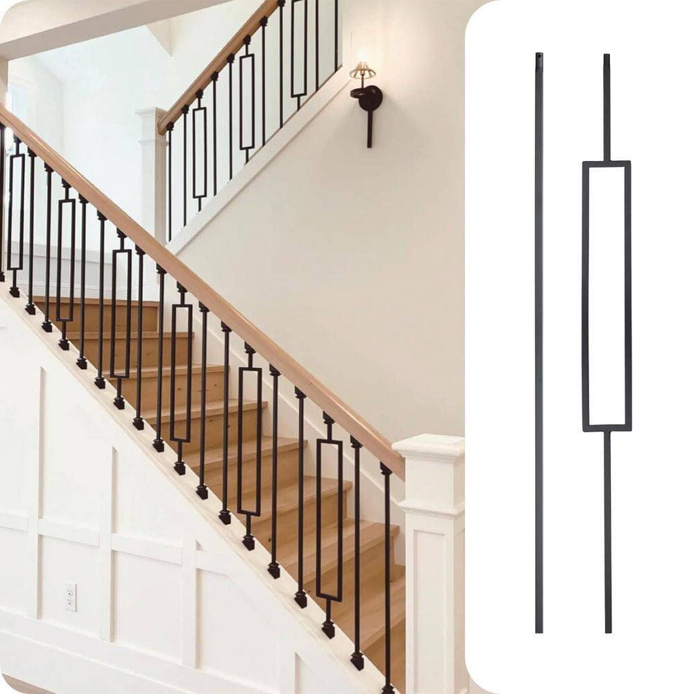 Afoxsos 44x6.1 Wrought Iron Balusters Combine 1/2 Sq. Plain Bar with Single Rectangle Metal Hollow Satin Black 12-Pack (2)