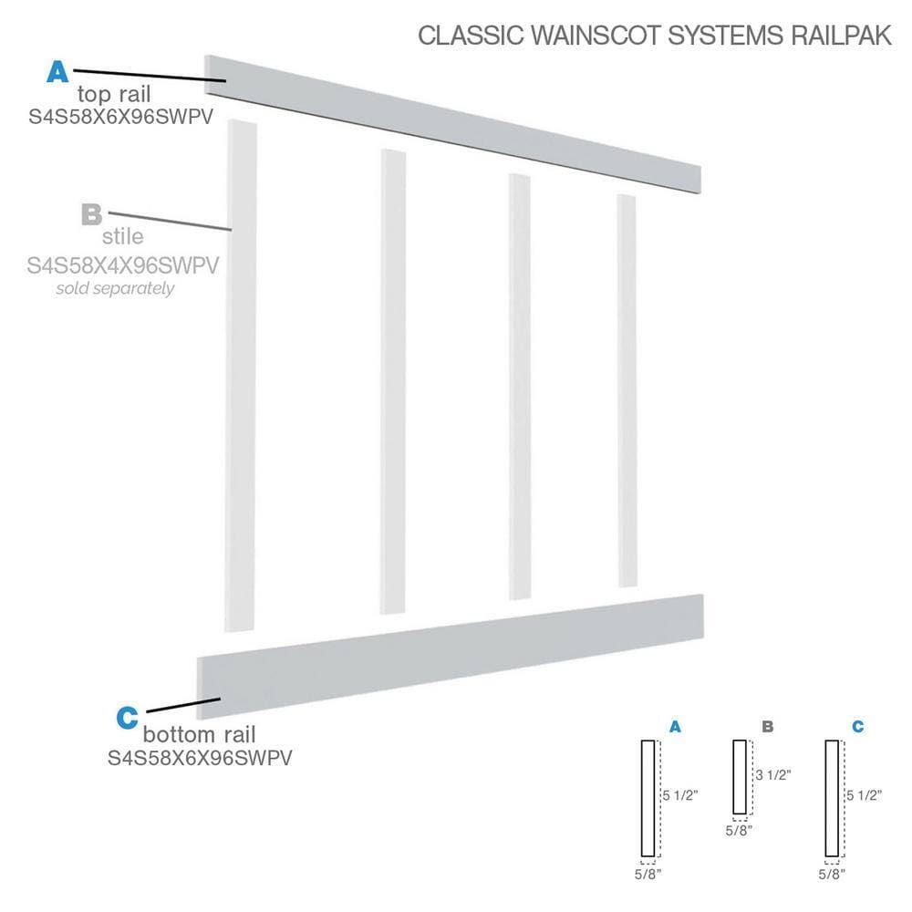 Ekena Millwork 5/8 in. X 96 in. X 5-1/2 in. Expanded Cellular PVC Classic Wainscot Moulding System (2)