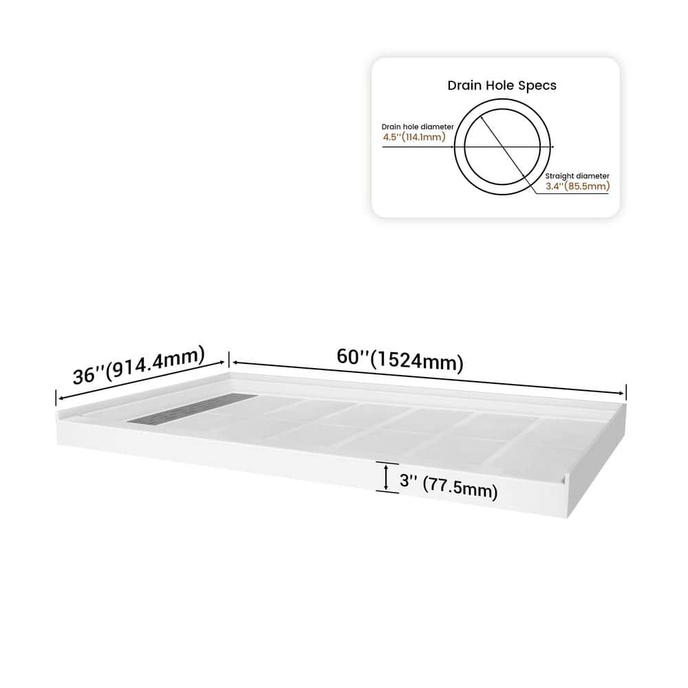 Boyel Living 60 in. L 36 in. W Single Threshold Alcove Solid Surface Shower Pan Base with Drain White (3)