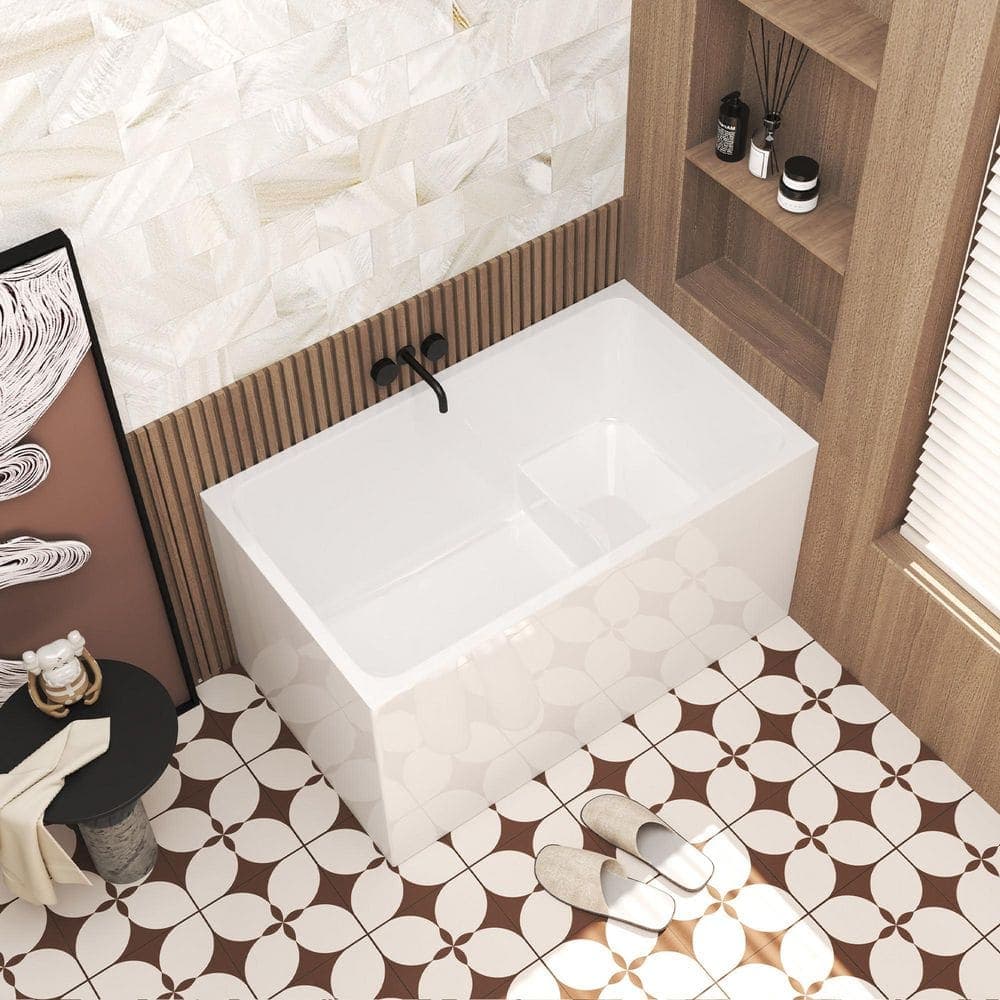 Unbranded 47in.Lx27in.W Acrylic Freestanding Soaking Bathtub with Seat:Rectangle Shape Gloss White,Chrome Overflow,Pop-Up Drain