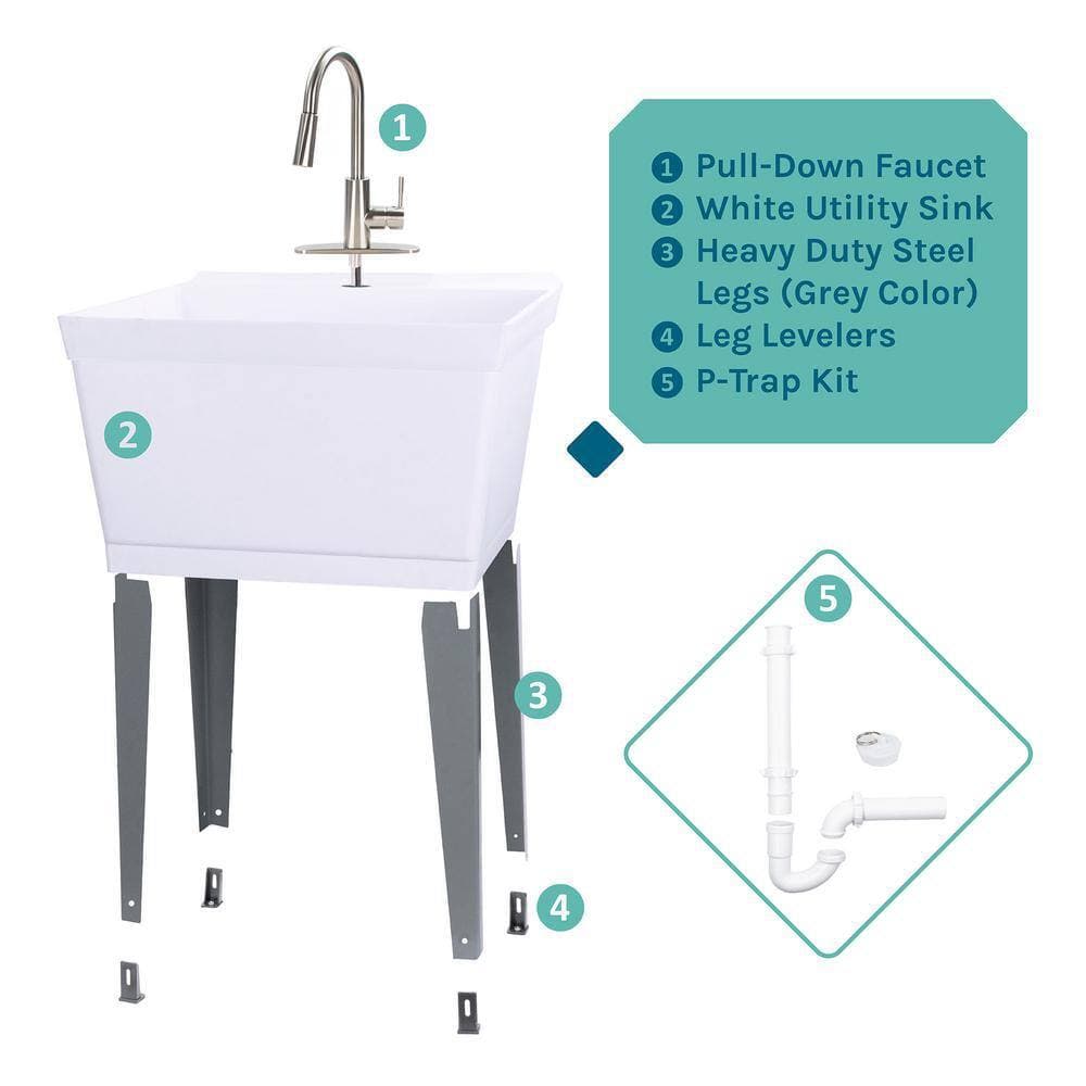 TEHILA Complete 22.875 in. x 23.5 in. White 19 Gal. Utility Sink Set with Metal Hybrid Stainless Steel Pull-Down Faucet (2)
