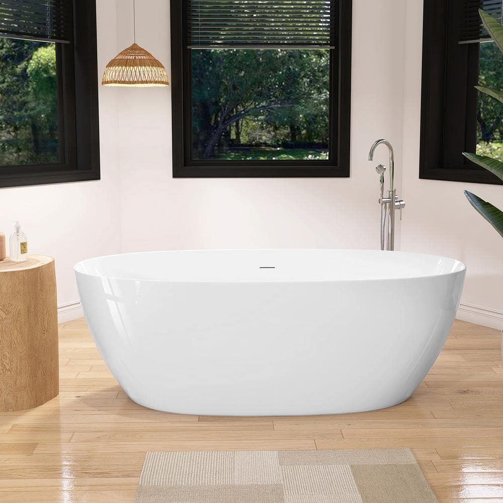 Getpro 67 in. x 32 in. Acrylic Freestanding Tub White Free Standing Stand Soaking Bathtub Flat Bottom with Chrome Center Drain (1)